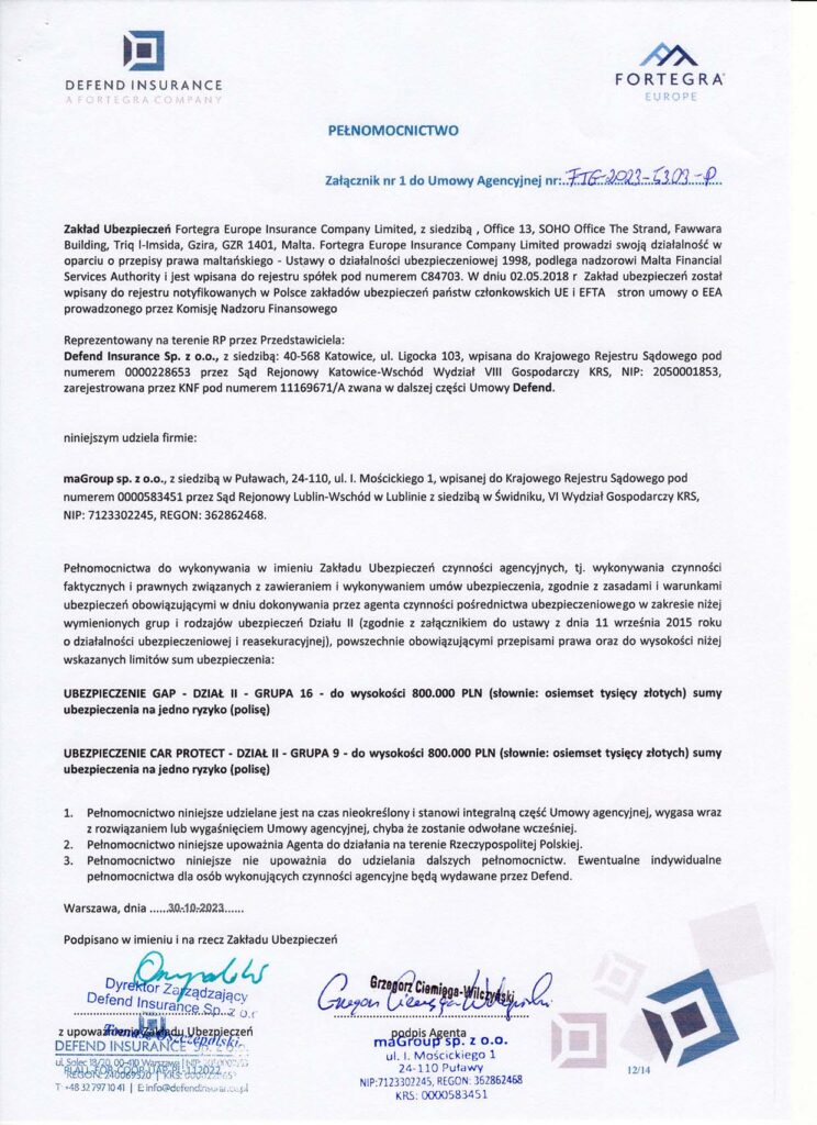 Pełnomocnictwo Fortegra dla maGroup Pelnomocnictwo Fortegra